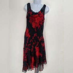 Y2k Connected Flowy Chiffon Red Floral Print Bias Slip Dress Sequin Cowl Neck M